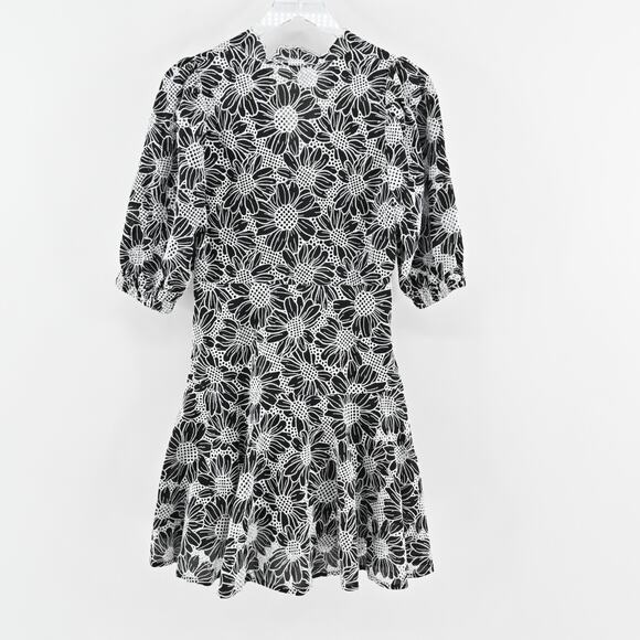 BOSTON PROPER Embroidered Dress Sz 6 Black White Floral Puff Sleeve Flounce Hem‎ - Picture 3 of 15